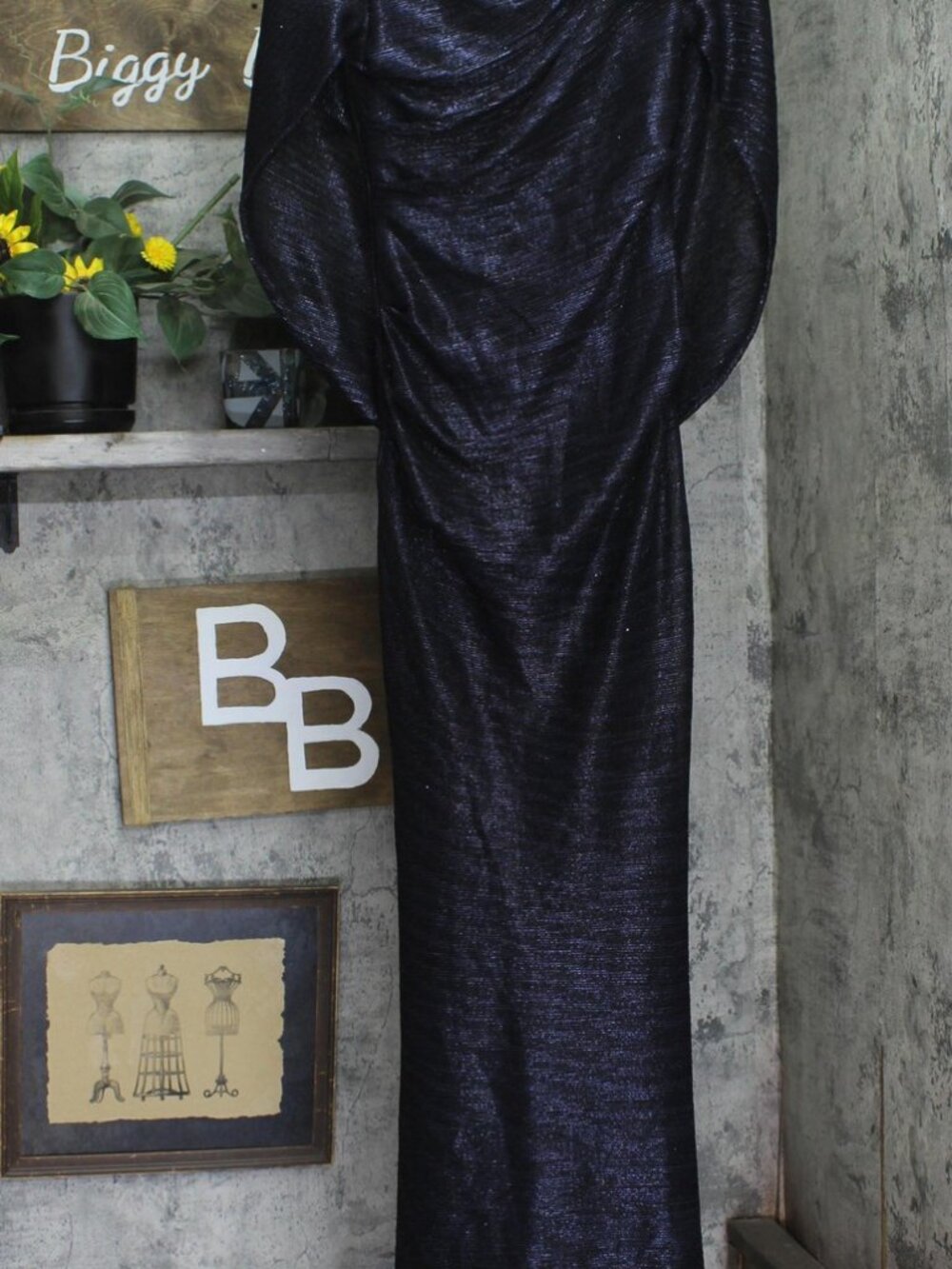 Betsy & Adam Navy Blue Betsy Adam Long Metallic Cape Gown A24013D 4